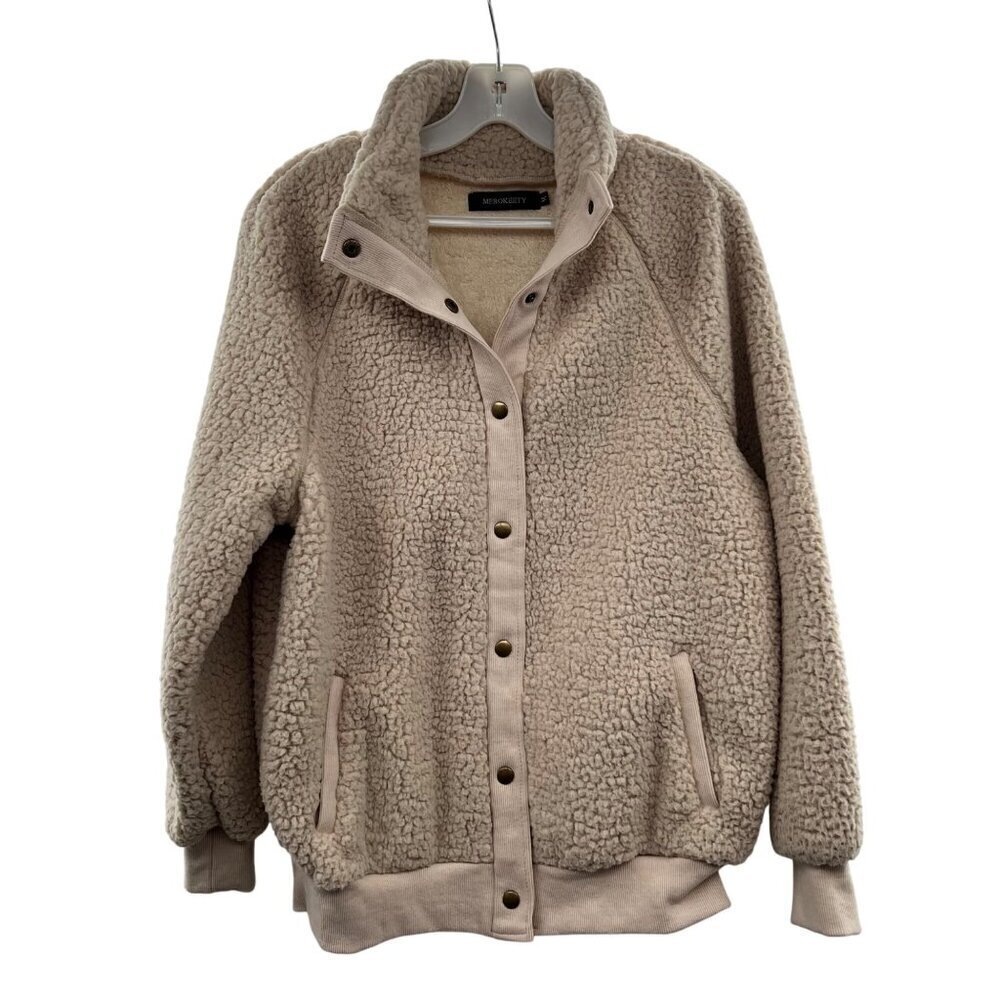Merokeety Women's Fleece Snap Up Jacket Cream Size Medium Long Sleeve